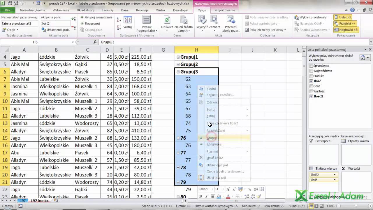 Excel - Tabele przestawne - Grupowanie po nier&oacute;wnych przedziałach liczbowych - porada #197