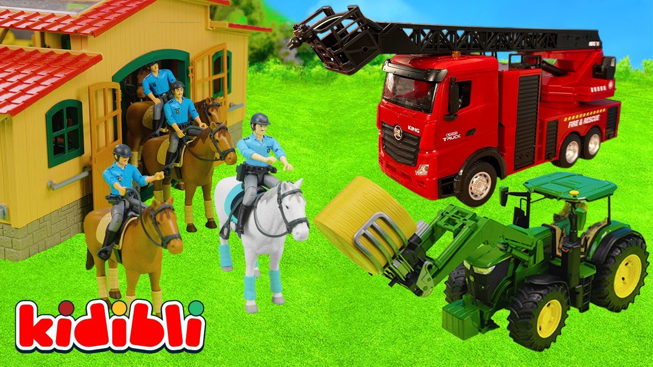 🚒 Toy Farm Rescue : Firefighter & Police Horses Save Tractor from Fire! | Toys for Kids | Kidibli