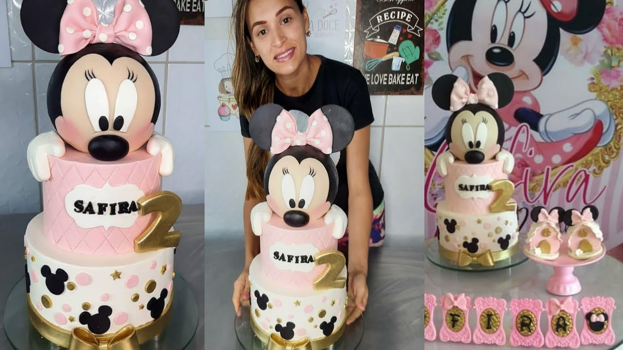 Bolo MINNIE ROSA decorado com pasta de Leite