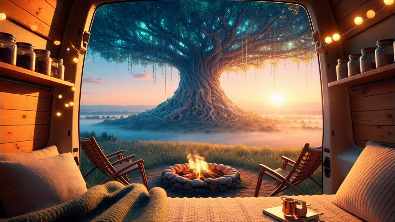 Tree of Life ❤️ Camper Van View with Cozy Campfire Crackling Sounds and Nature Birds ASMR