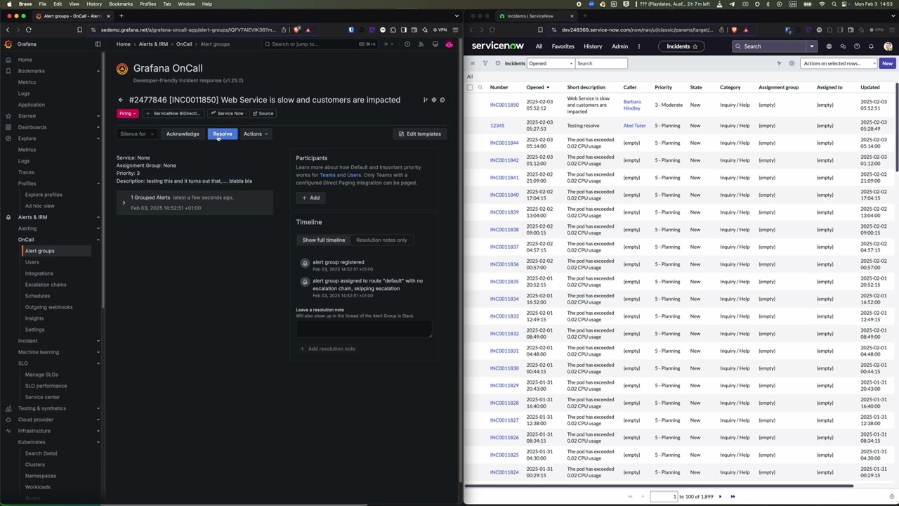 Bi-directional updates of Grafana OnCall and ServiceNow Incidents