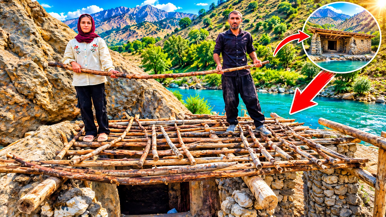 🏞️ Living in a cave by the river! 🪨🔨 Building a wooden roof to create a safe shelter 🏡🔥