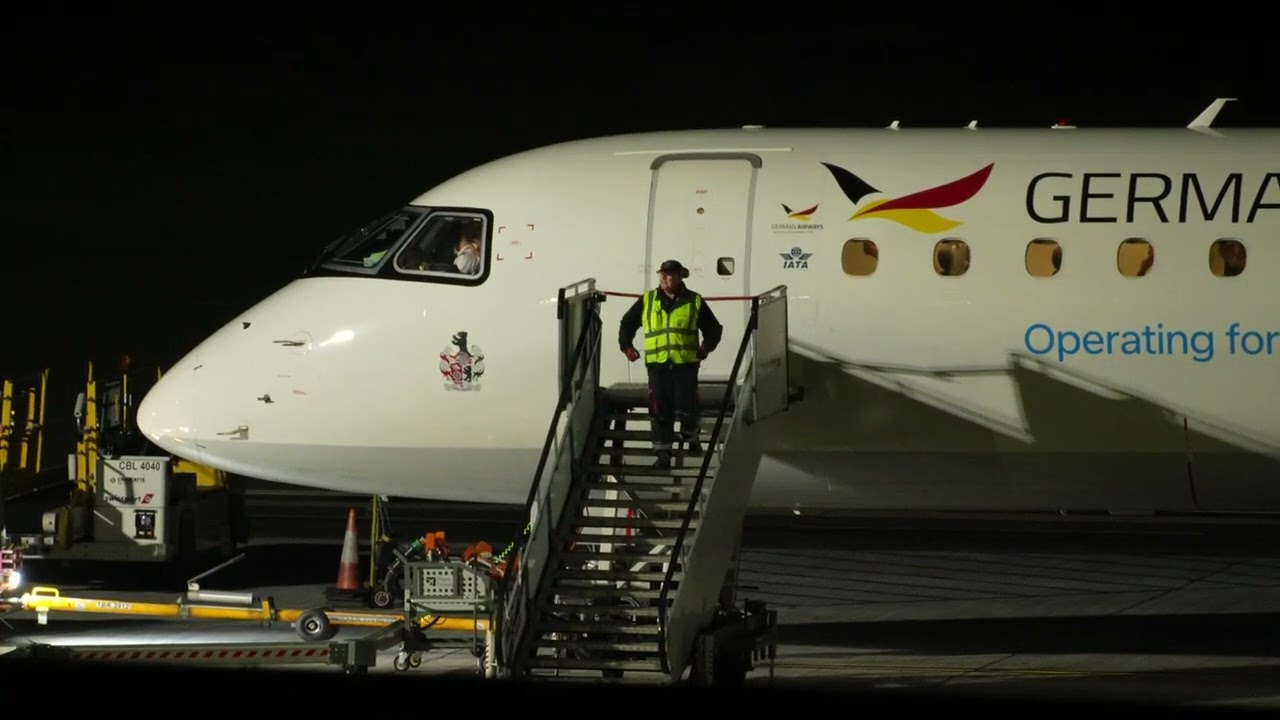 4K Rainy German Airways E190 pushback to head to Amsterdam Schiphol (AMS) from Southampton Airport 