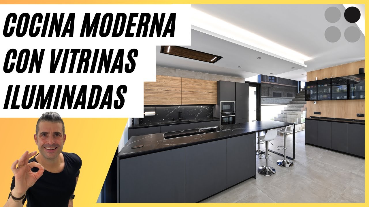 🌴 Cocina Abierta con Isla GRIS y MADERA CJR