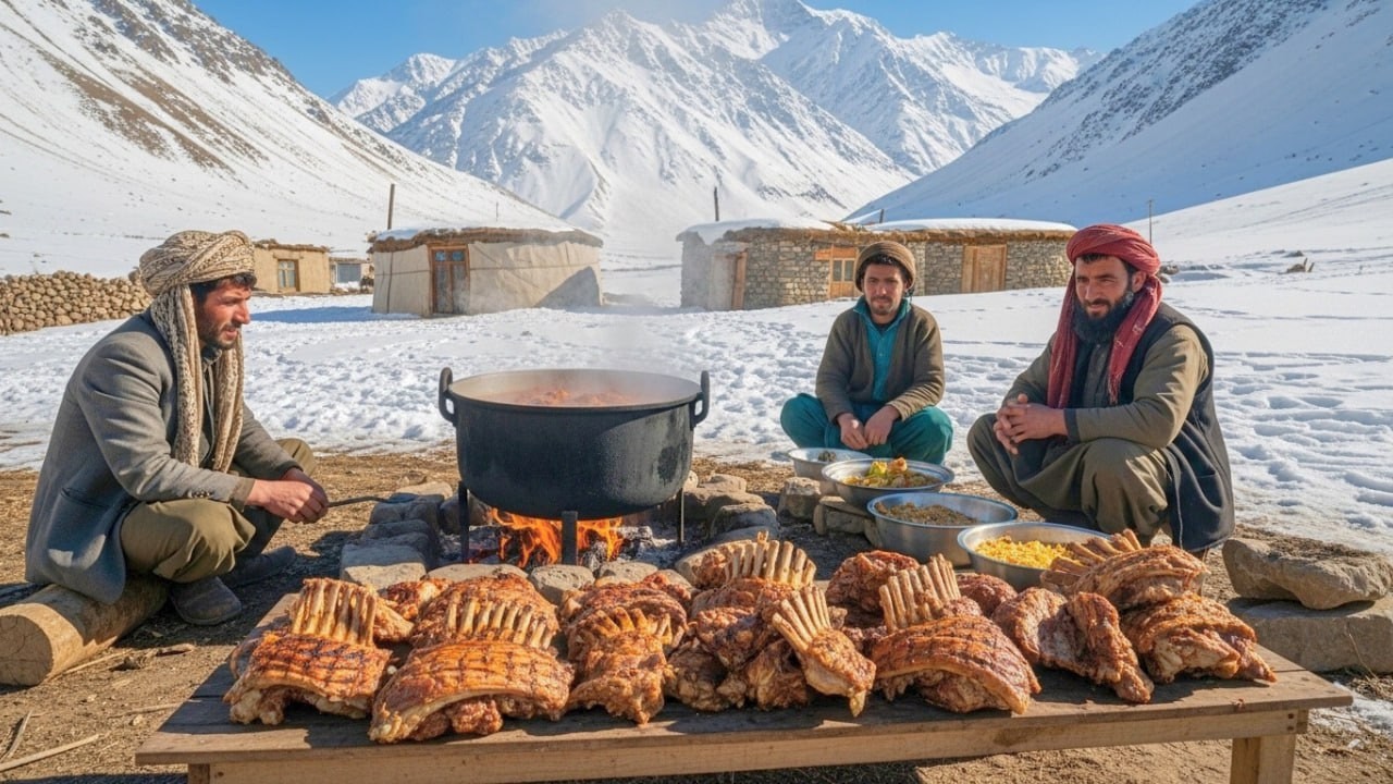 Nomadic Life in Afghanistan  Afghan Shepherd Cooking Lamb in the Snowy Mountains