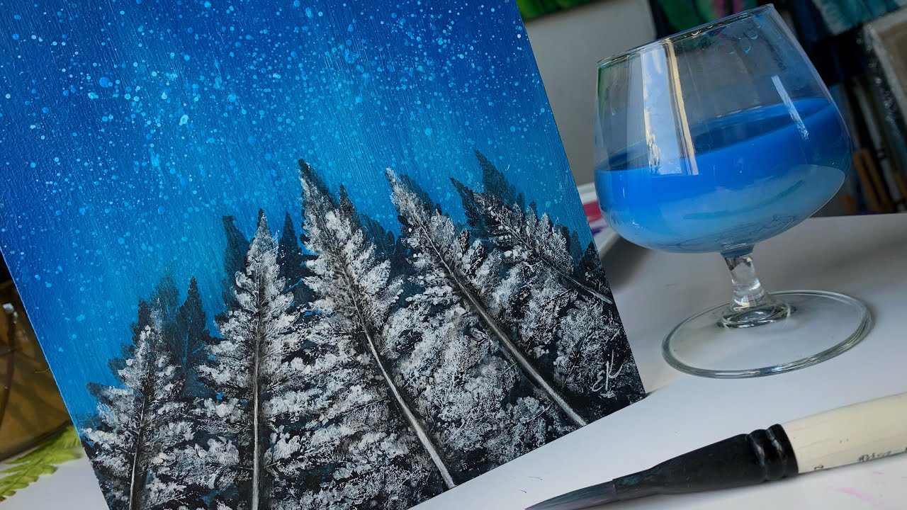 Starry sky painting / Winter forest painting /  Leaf printing / Winter landscape painting