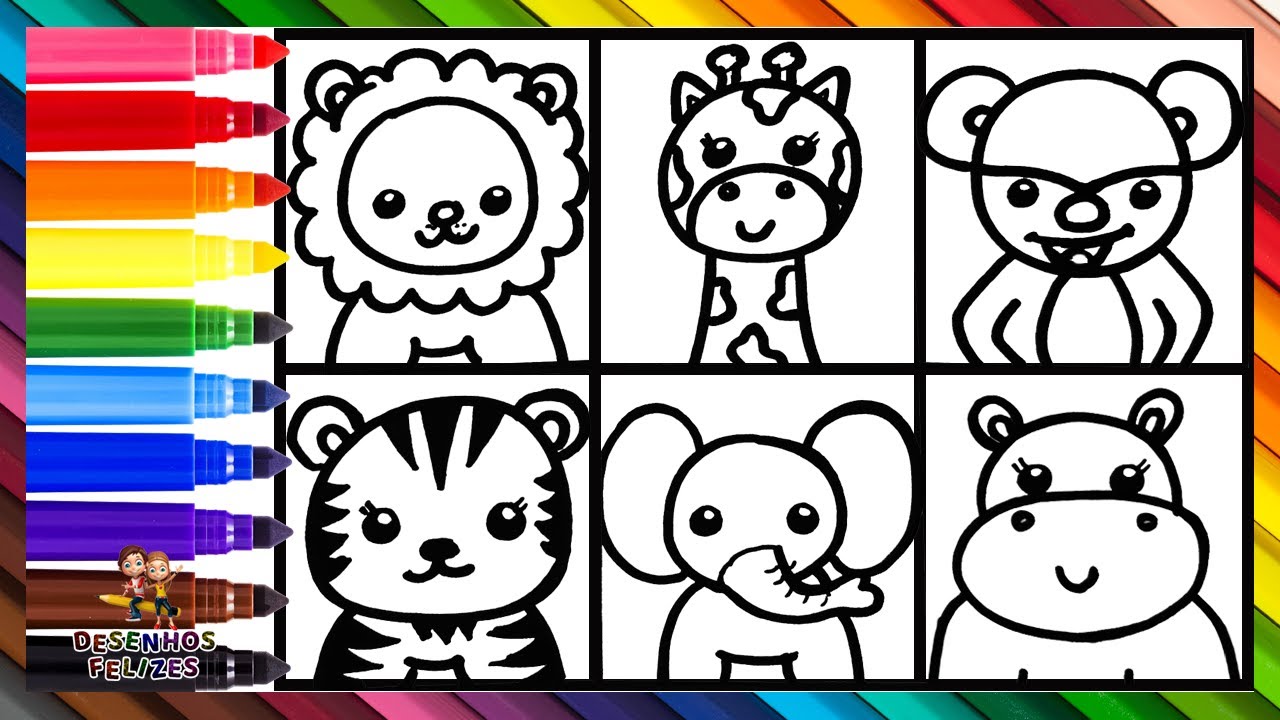 Desenhar e Colorir Animais Selvagens 🦁🐘🦒🐵🦓🦛🌈 Desenhos para Crianças