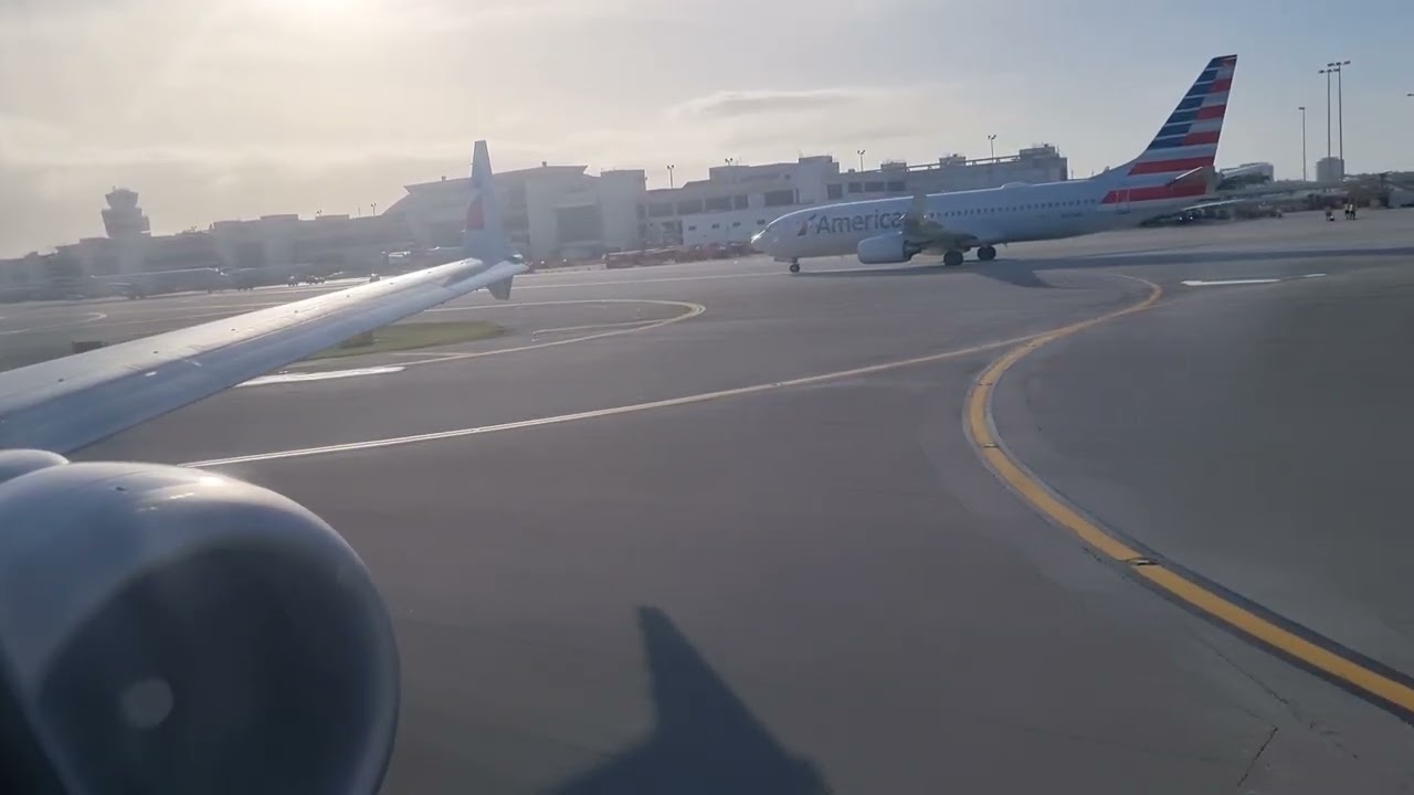 American Airilines Boeing 737Max8 pushback  startup, taxi and takeoff from Miami Airport {MIA/KMIA}