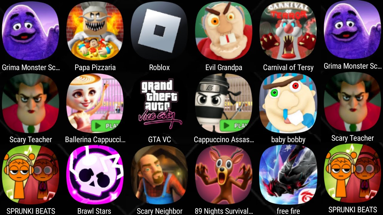 Grimace Monster Scary Survival,Free Fire,Scary Teacher 3D,Baby Bobby Daycare,Cappuccino Assassino