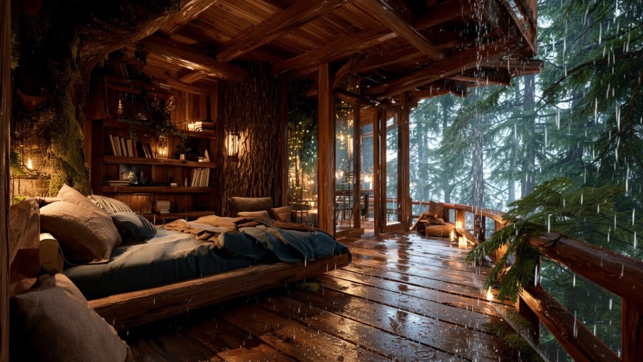 Stop Overthinking Tonight 🌙 | Heavy Rain on Cabin Window