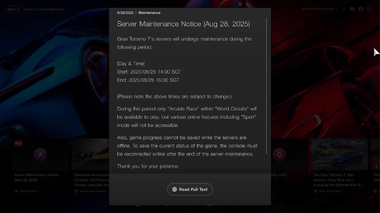 Gran Turismo 7 Server Maintenance on 08/28/2025