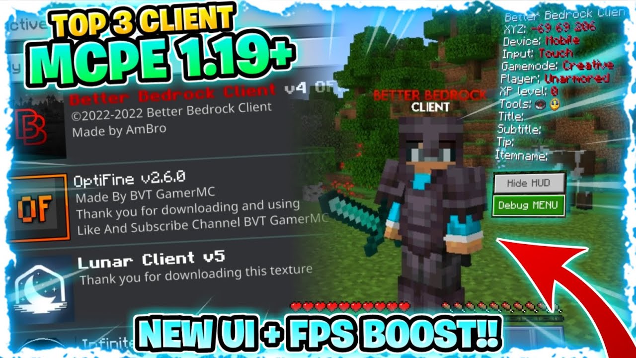 FPS BOOST‼️ TOP 3 CLIENT / OPTIFINE Untuk MCPE 1.19!! New UI