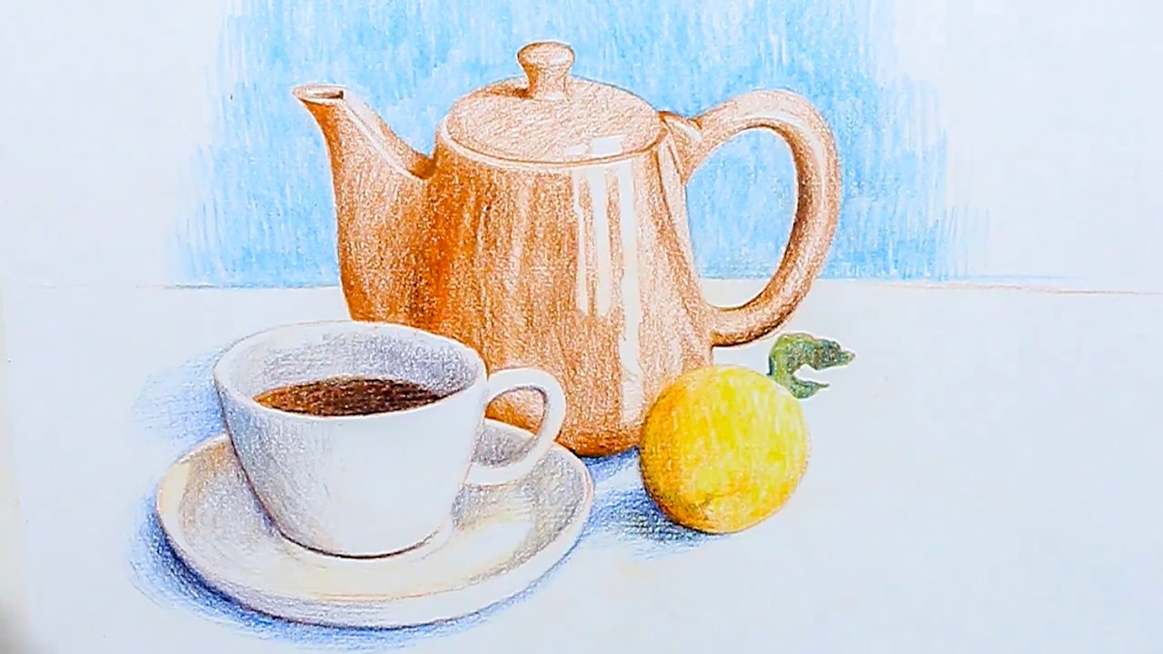 Realistic Still Life Drawing in Color Pencil - Cup, Kettle, Fruit | Learn How to Shade