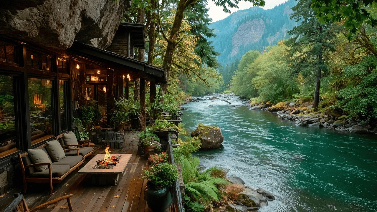 Relax to Spring Riverside Porch Campfire & Birds Singing All Day
