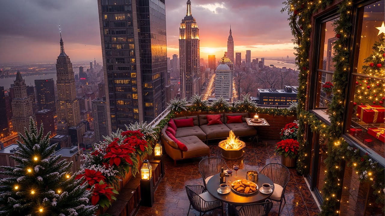 New York Coffee Shop Ambience | Smooth Jazz Music ☕️ Christmas Jazz & Cozy Fireplace for Relaxing