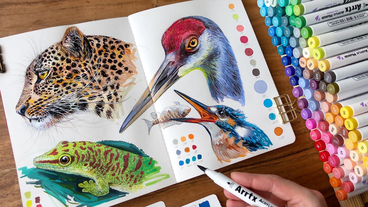 1H of drawing animals with acrylic markers / no music, no talking
