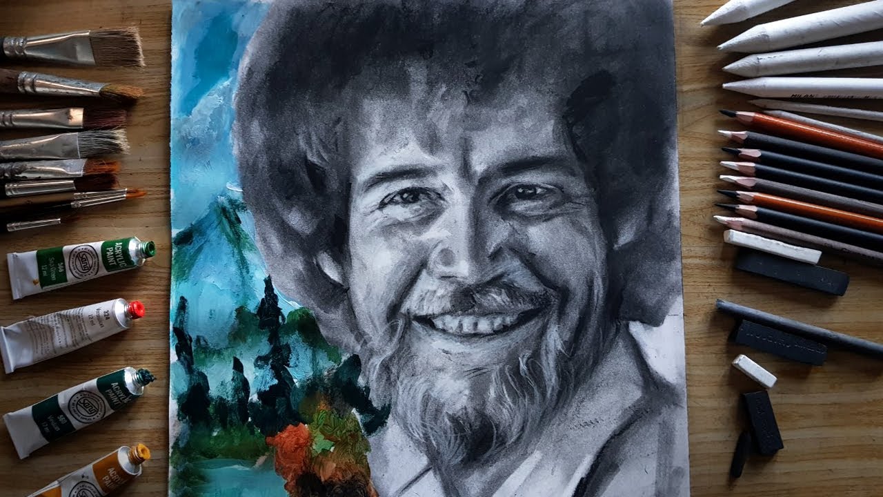 ASMR | Drawing Bob Ross (Charcoal & Acrylic Paint) No talking