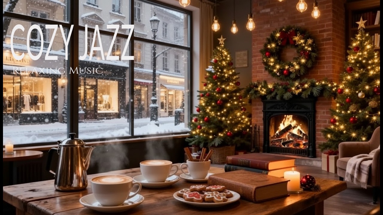 Gentle Jazz Piano Space ~ Beautiful Winter Coffee Shop with Warm Fireplace to Relieve Stress