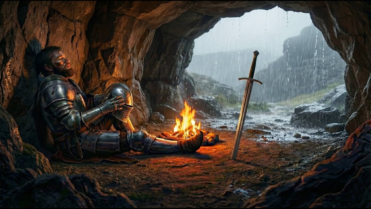 Safe cave shelter: Heavy rain & fire for deep rest