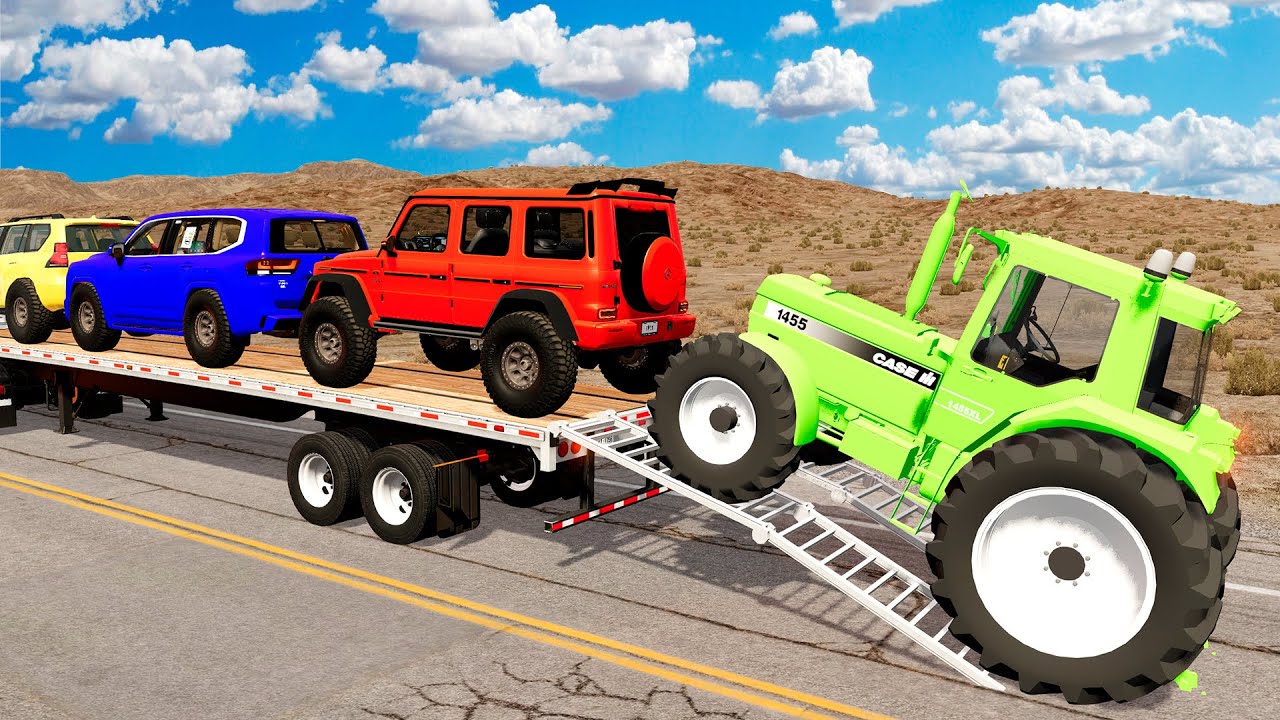 Flatbed Trailer McQueen Transportation with Truck - Speedbumps vs Cars vs Train - BeamNG #