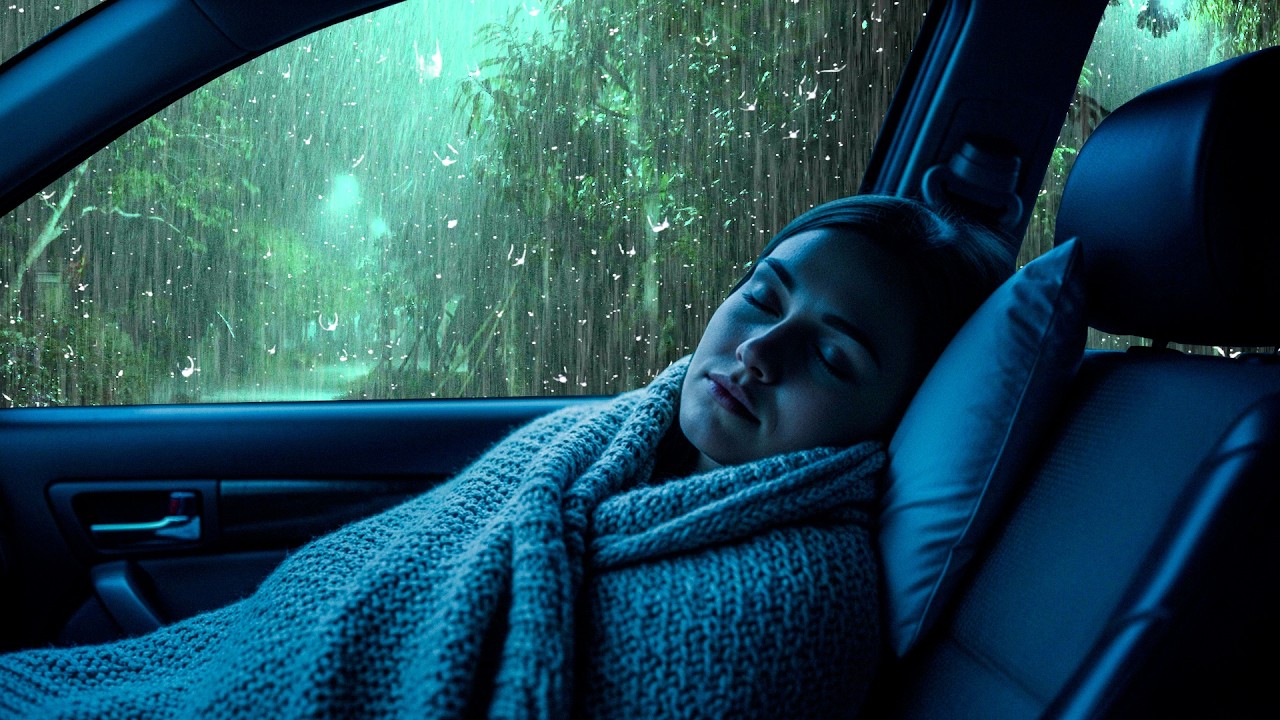 Durma Profundamente com Chuva Forte e Trovões na Janela do Carro em uma Noite Escura e Silenciosa
