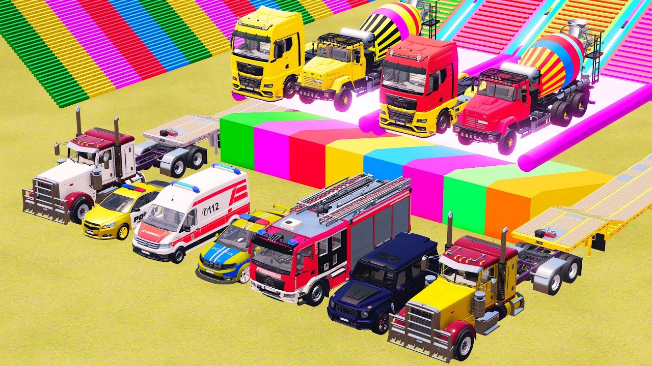 TRANSPORTING POLICE CARS, AMBULANCE, FIRE TRUCK, COLORFUL CARS WITH TRUCK FARMING SIMULATOR 22 #25