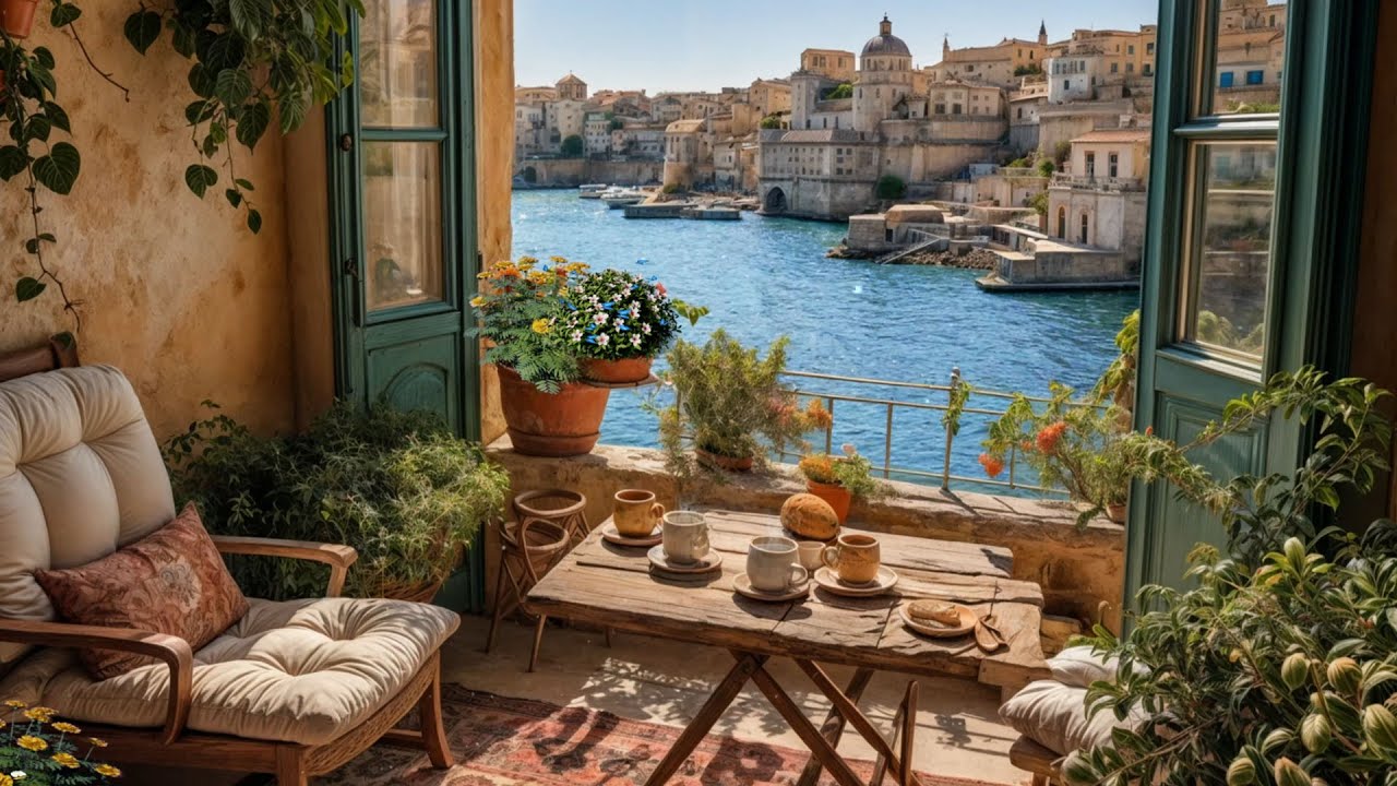 Cool Morning 4K From the Attic Overlooking the Romantic Coastal City of Flowers,Birds Singing, Relax