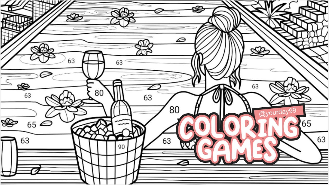 Woman relaxing in swimming pool overlooking city view | Coloring Games