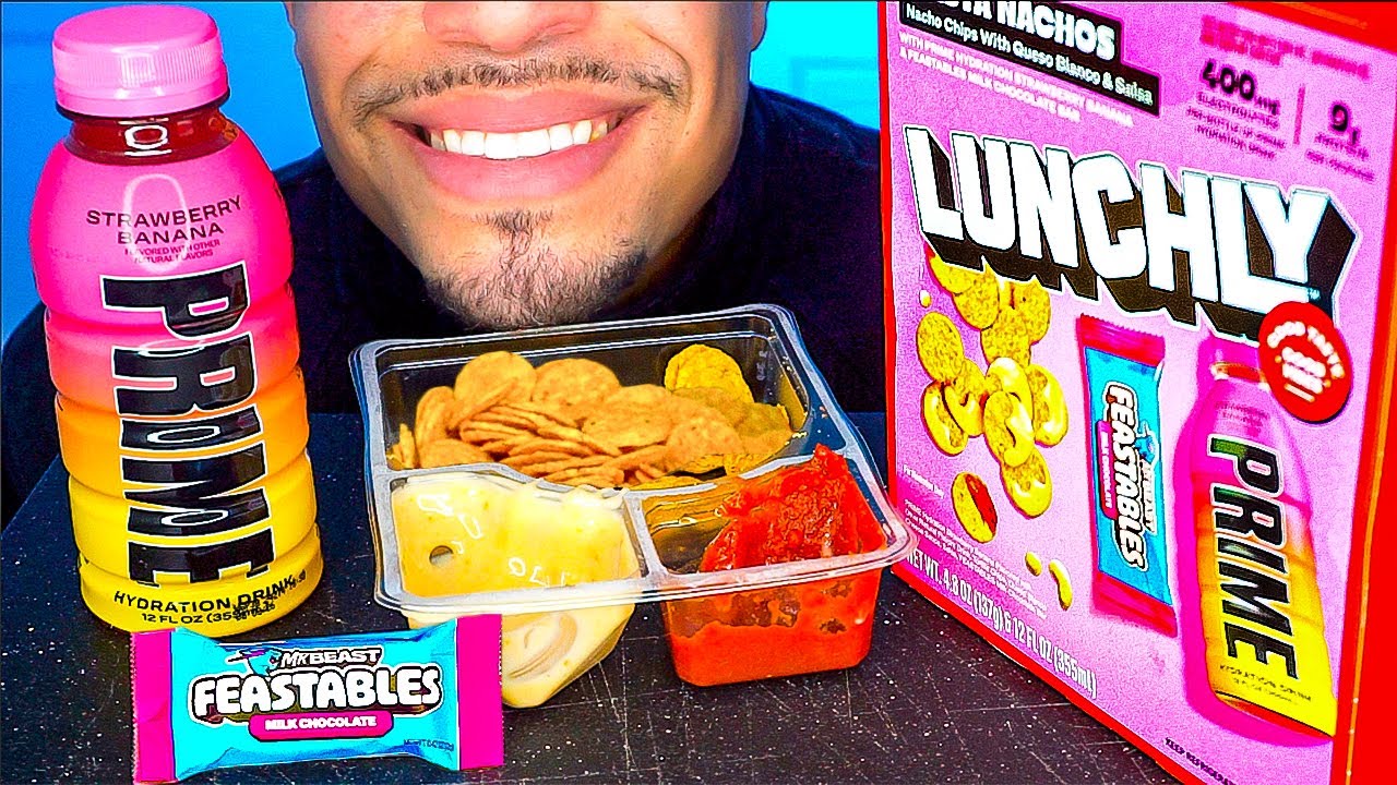 LUNCHLY MRBEAST PRIME NACHO CHEESE SAUCE DIPPING CHOCOLATE BAR EATING SHOW SOUNDS ASMR JERRY