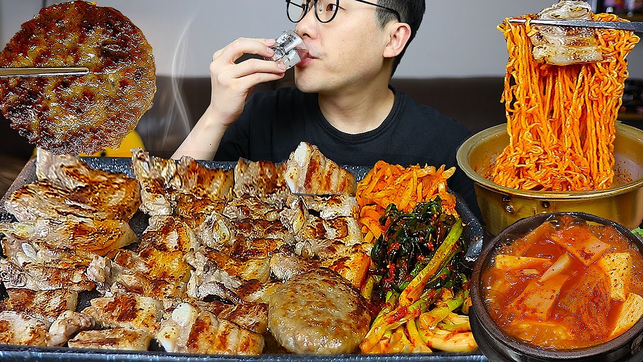 ASMR MUKBANGㅣPork Belly & Spam Kimchi Stew & Spicy Cold NoodlesㅣEATING SHOW
