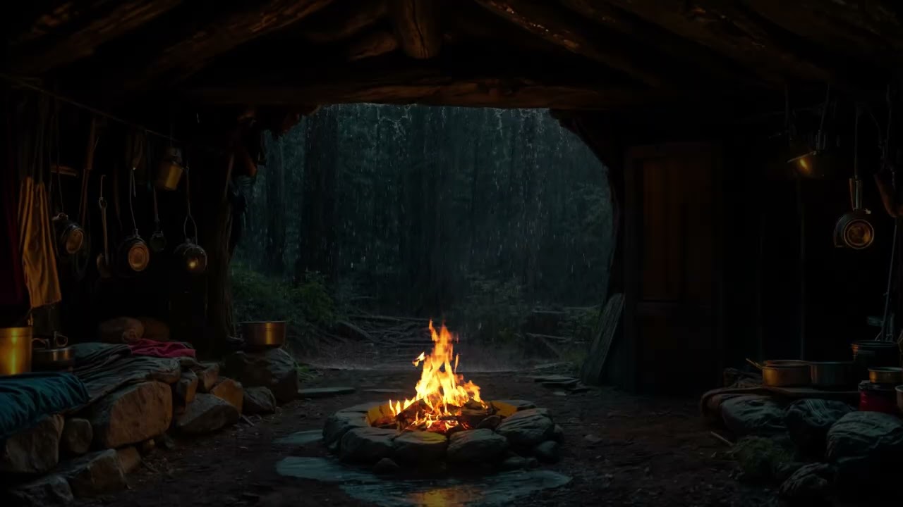 🌧️🔥 Hidden Cave Refuge at Night | Rainfall & Firelight for Deep Sleep, Calm Mind and Total Unwind 🌙