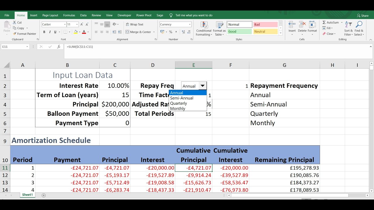 Excel Interactive Loan Amortisation Table - Change repayment frequency, include balloon payment etc