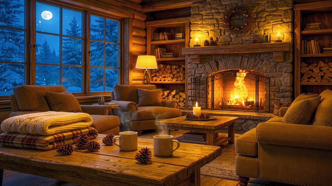 Soft Piano & Warm Fireplace Glow Moonlit Snowy Cabin Ambience for Sleep & Stress Relief ❄️