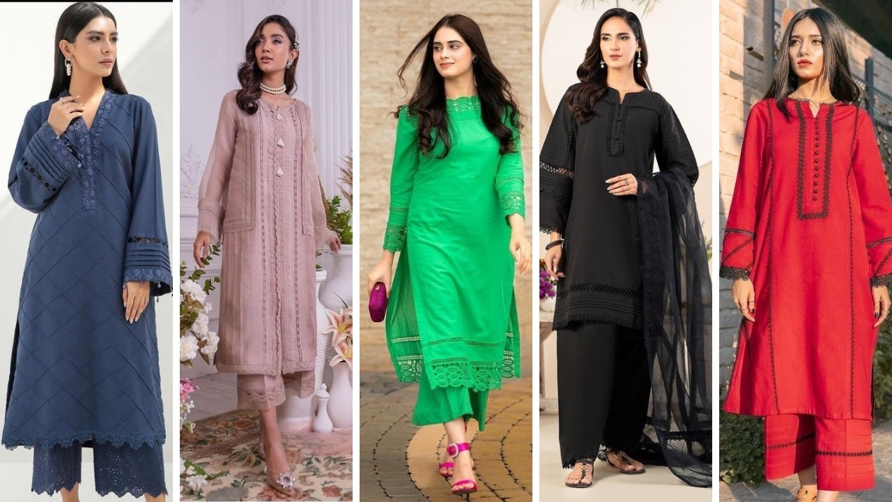 Most beautiful plain dress designing ideas with laces 2024 | casual and semi_formal plain dresses