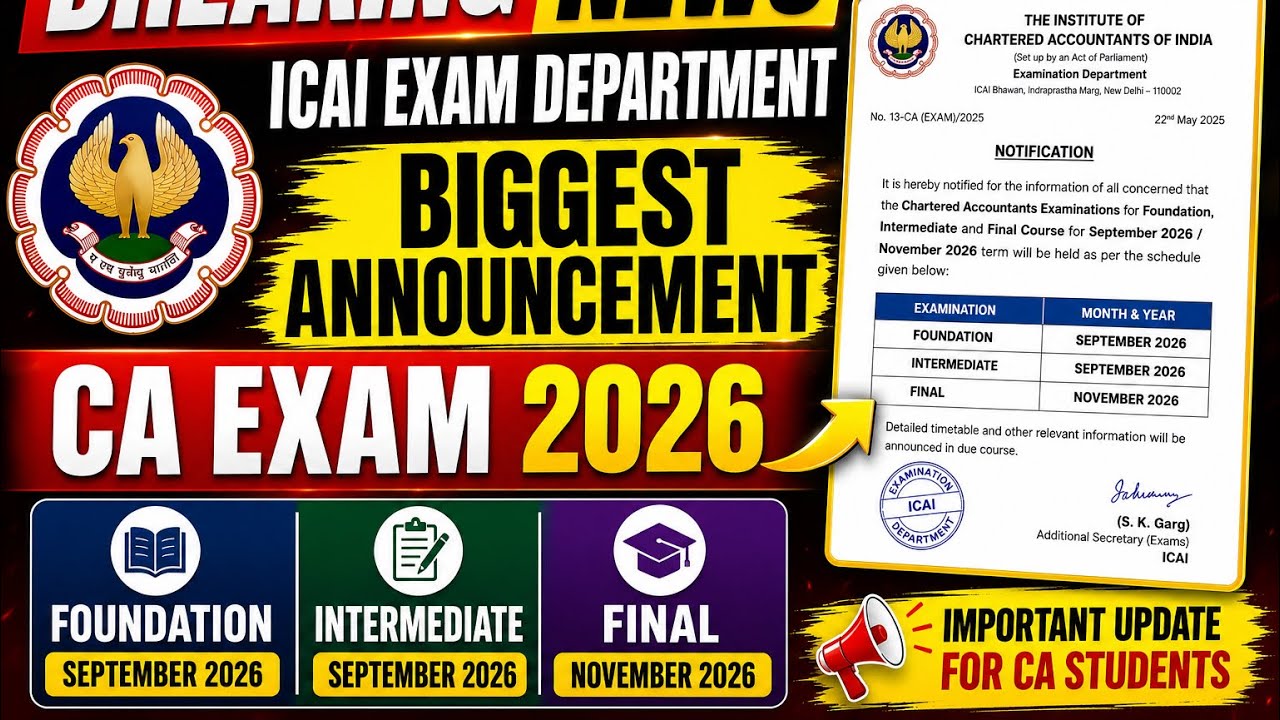 Breaking News | ICAI EXAM department Important Announcement For September 2026 & November 2026 Exams