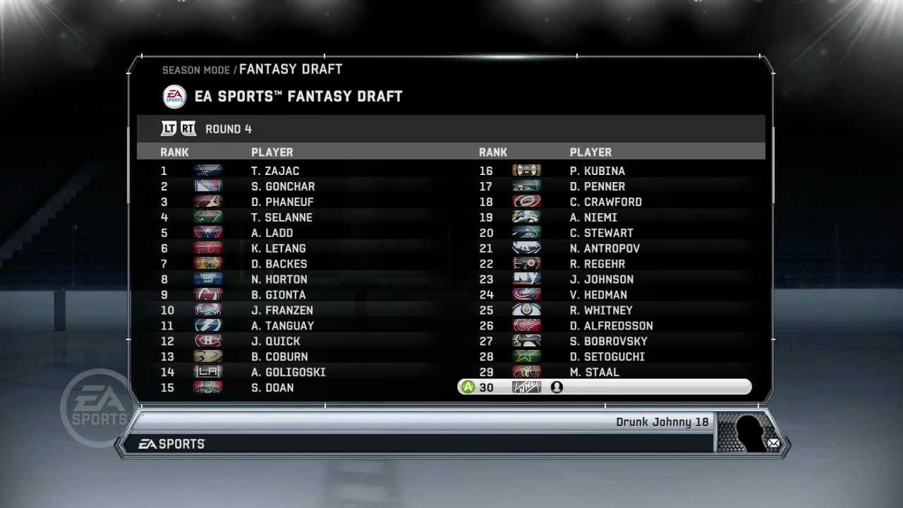 NHL 12: Fantasy Draft Simulation (Part 1)