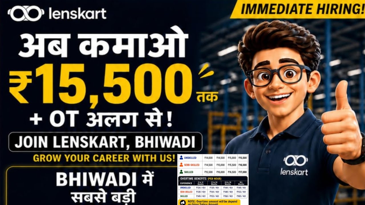 भिवाड़ी में जॉब सैलरी 15500 तक 8 घंटे ड्यूटी Lenskart Job Vacancy | Job In Lenskart | Job in Bhiwadi