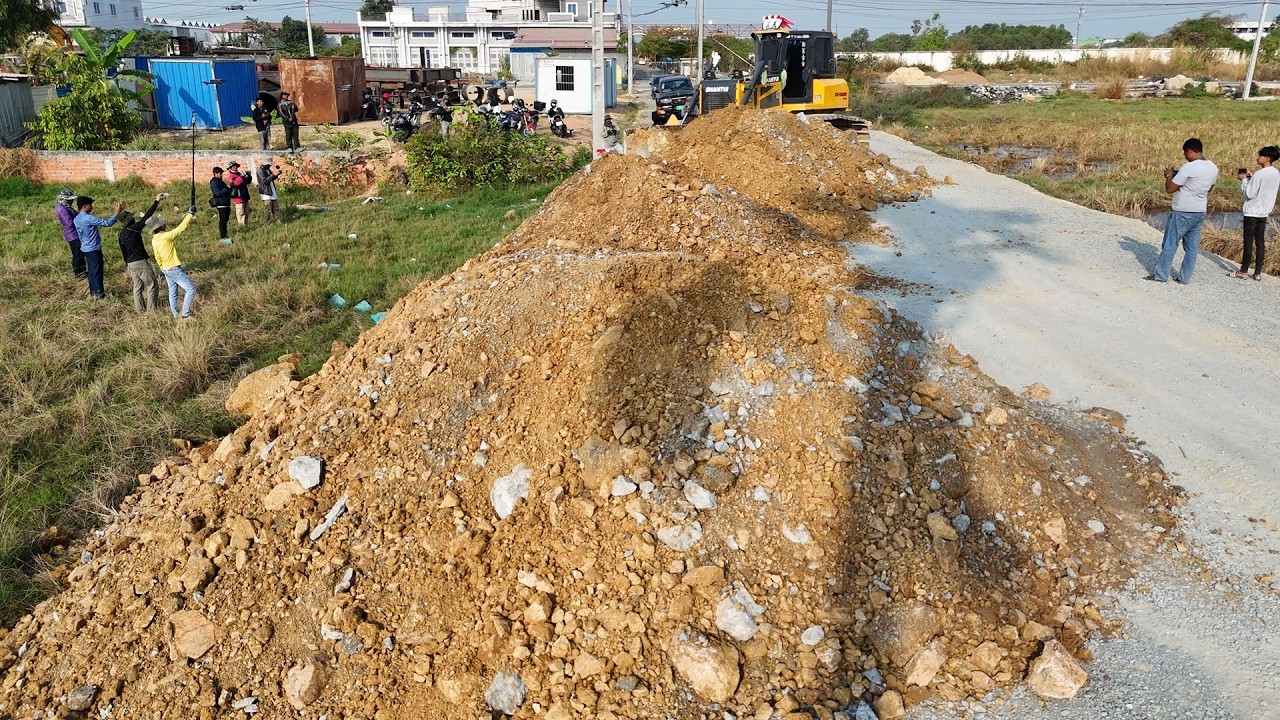 Great News Start!! Land Filling Skilled SHANTUI C3 Dozer & Dump Trucks Working Moving Stone and Soil