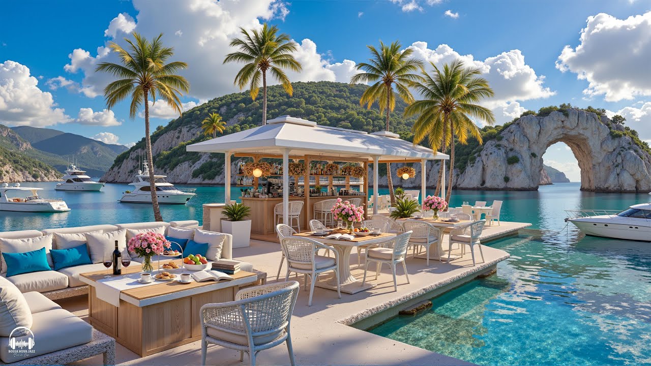 Elegant Jazz at Beach Cafe Ambience 🌊 Relaxing Bossa Nova Music & Ocean Wave Sounds for Happy Moods