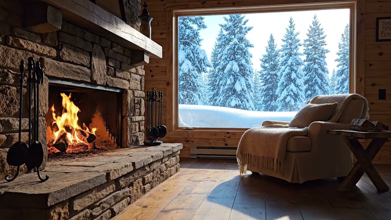 Cozy Snowy Cabin Fireplace Ambience | Winter Night with Crackling Fire for Sleep & Relaxation