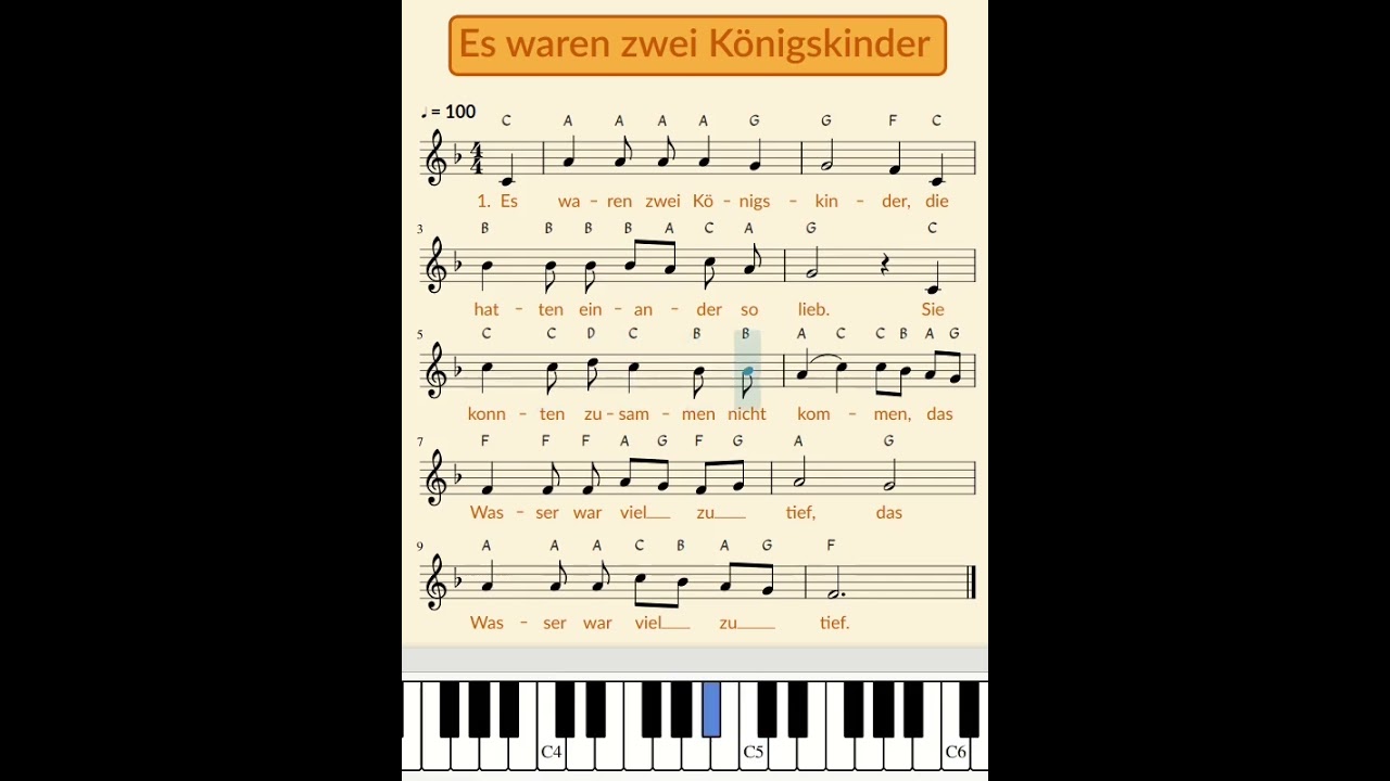 Es waren zwei K&ouml;nigskinder / Text und Noten / Lied original / instrumental / Klavier