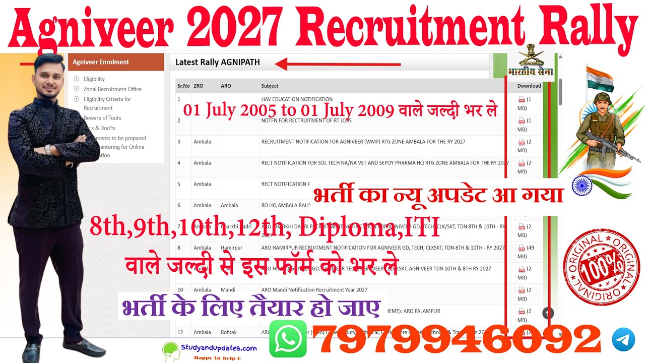 Agniveer recruitment rally 2027 -  01-07-2005 to 01-07-2009 जन्मतिथि वाले जल्दी भरे- online starts