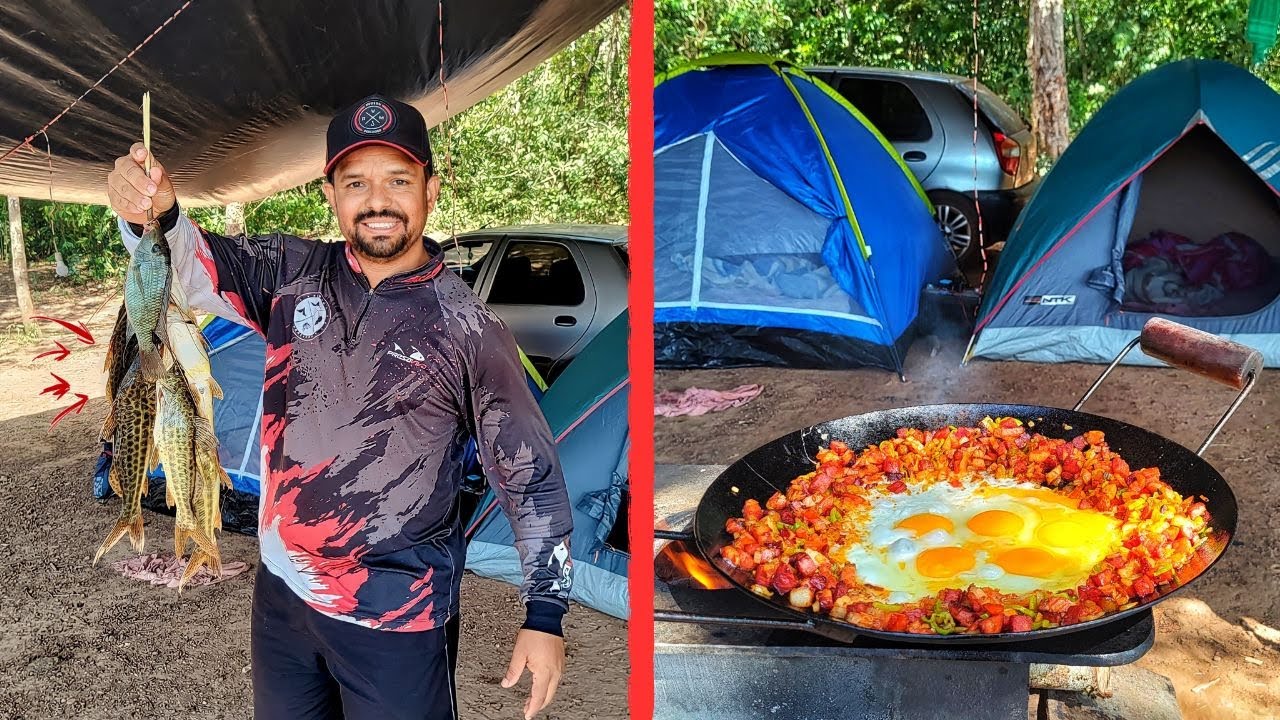 Amanhece no acampamento pescamos e olha o café da manhã que fizemos no fogão a lenha