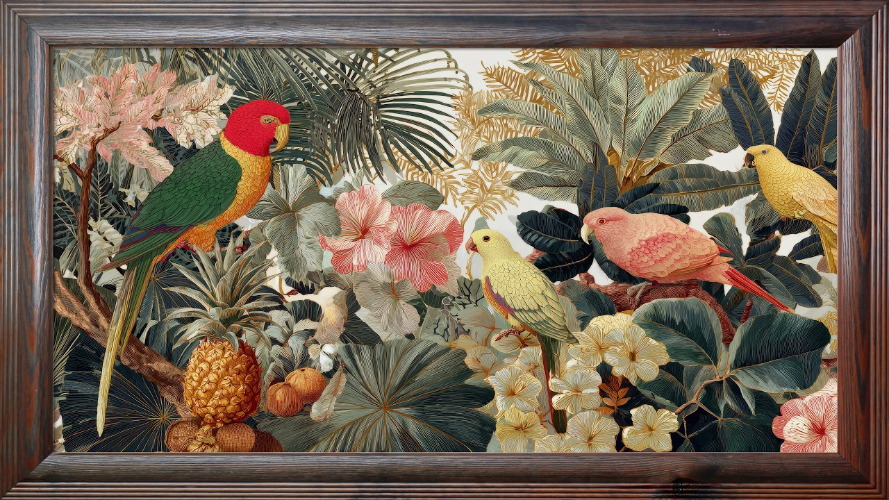 TV Wallpaper | Ambient Art Screensaver | Tropical Parrot Botanical Art | Jungle Bird Painting