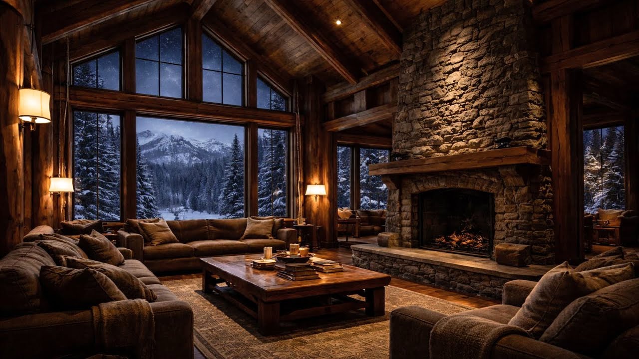 Silent Winter Lodge | Cozy Luxury Cabin Ambience with Snowy Mountain Night
