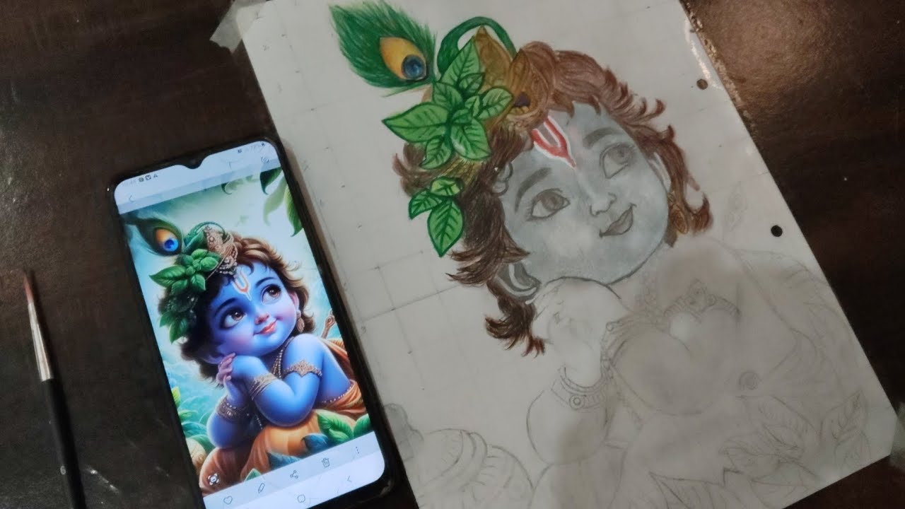 Shree Krishna Drawing, How To Draw Lord Krishna With colouring drawing , Step By Step Tutorial 
