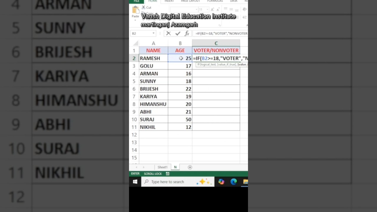VOTER and non Voter formula in excel #election #excel #vansh digital education institute #digital