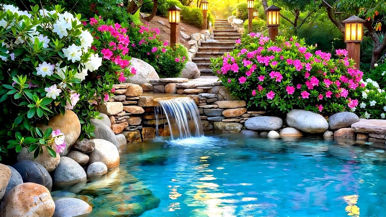 Stress Relief: Beautiful Garden Waterfall & Bird Sounds for Focus and Study | Deep Sleep Piano