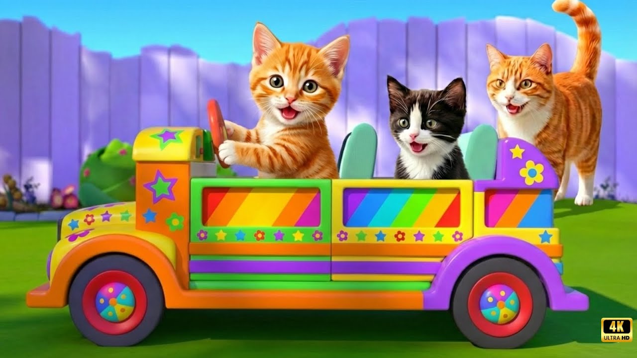 Mama Cute Cat Wheels On The Bus | Fun Nursery Rhymes for Kids