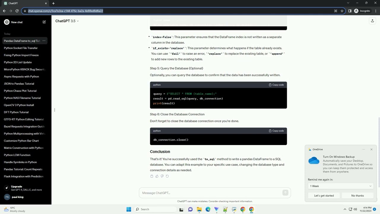 pandas DataFrame to sql Python